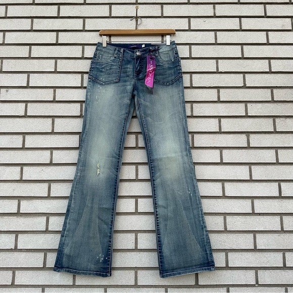 NWT Vigoss Bootcut Jeans Flap Pockets Distressed Medium Wash Y2K Size 3 - Picture 1 of 14